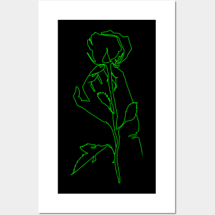 hand holding a rose minimalistic line art in neon green Posters and Art